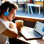 **

A digital nomad sitting at a laptop in a sunny cafe, focused on the screen. Noise-canceling headphones are on, and a phone is placed face down beside a cup of coffee. In the background, a website blocker app is subtly visible on the laptop screen. The overall vibe is productive concentration amidst distractions. Focus on the workspace and time management elements.

**