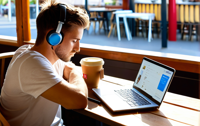 **
A digital nomad sitting at a laptop in a sunny cafe, focused on the screen. Noise-canceling headphones are on, and a phone is placed face down beside a cup of coffee. In the background, a website blocker app is subtly visible on the laptop screen. The overall vibe is productive concentration amidst distractions. Focus on the workspace and time management elements.
**