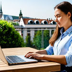 A professional woman in a modest business casual outfit, focused on her laptop at a sleek wooden table on a sunlit terrace overlooking a picturesque European city skyline. She has a serene and concentrated expression. The setting features modern outdoor furniture and lush green plants. The atmosphere is calm and productive, showcasing work-life integration. This image is fully clothed, appropriate attire, safe for work, correct proportions, perfect anatomy, well-formed hands, natural body proportions, professional photography, high quality, family-friendly content.