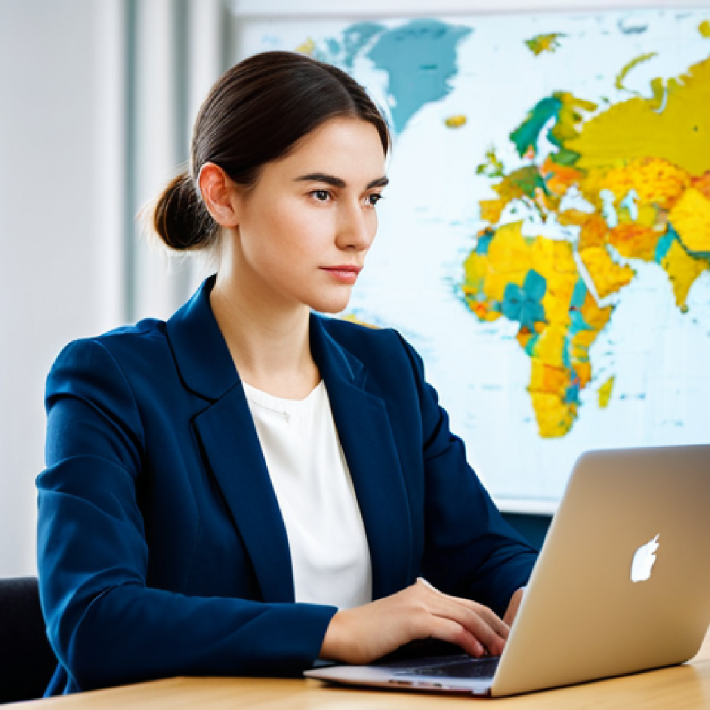 A professional female digital nomad in a modest business casual blazer and top, fully clothed, appropriate attire, seated at a sleek minimalist desk, intensely focused on a laptop screen with a thoughtful and composed expression. The background is a modern, brightly lit co-working space with blurred office decor and a subtle, tasteful world map on the wall. The scene conveys diligence and global connectivity. This image is safe for work, appropriate content, professional, perfect anatomy, correct proportions, natural pose, well-formed hands, proper finger count, natural body proportions, high-quality professional photography, and features soft studio lighting.