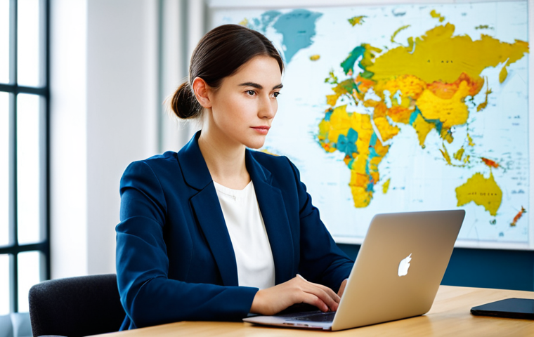 A professional female digital nomad in a modest business casual blazer and top, fully clothed, appropriate attire, seated at a sleek minimalist desk, intensely focused on a laptop screen with a thoughtful and composed expression. The background is a modern, brightly lit co-working space with blurred office decor and a subtle, tasteful world map on the wall. The scene conveys diligence and global connectivity. This image is safe for work, appropriate content, professional, perfect anatomy, correct proportions, natural pose, well-formed hands, proper finger count, natural body proportions, high-quality professional photography, and features soft studio lighting.