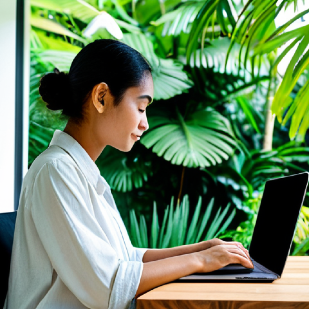 신규 디지털 노마드를 위한 멘토링 프로그램 - Remote Work Setup**
"A bright and airy co-working space in Bali, Indonesia, with a young woman work...