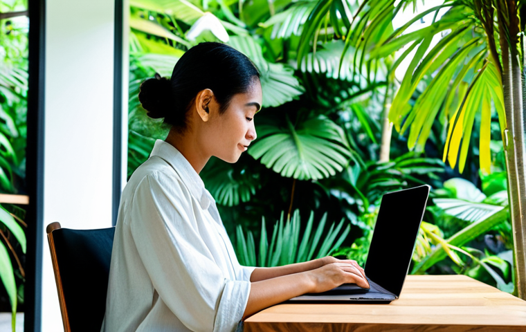 신규 디지털 노마드를 위한 멘토링 프로그램 - Remote Work Setup**
"A bright and airy co-working space in Bali, Indonesia, with a young woman work...