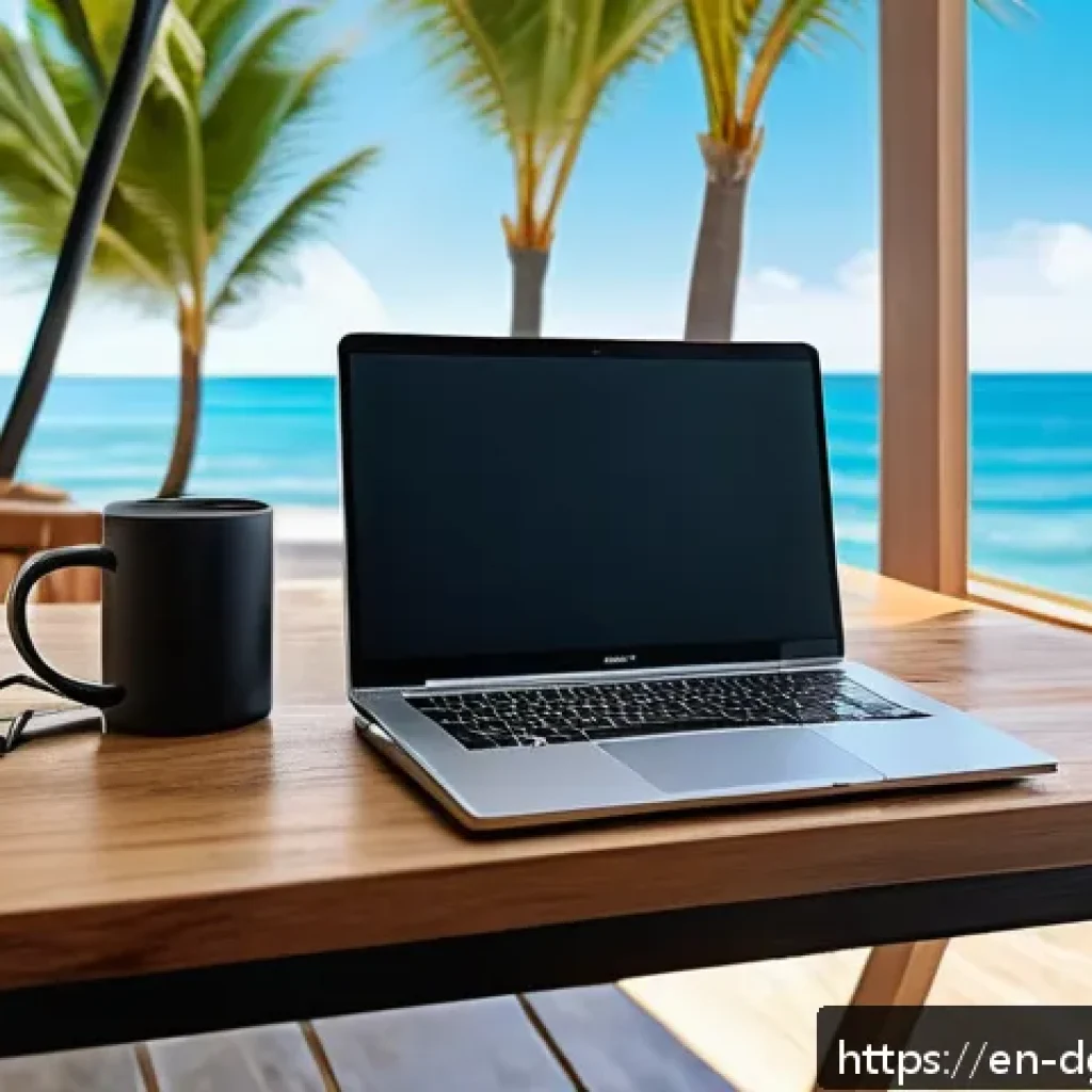 디지털 노마드의 자기 관리 및 동기 부여 - A cozy, stylish portable workspace setup in a bright beachside café with a laptop on a wooden table,...