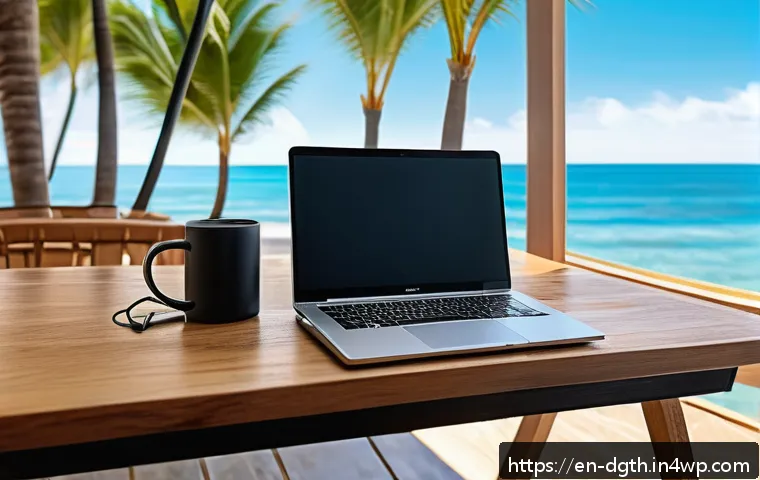 디지털 노마드의 자기 관리 및 동기 부여 - A cozy, stylish portable workspace setup in a bright beachside café with a laptop on a wooden table,...