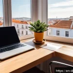 Home 20 디지털 노마드와 정신 건강 관리 - A cozy digital nomad workspace inside a bright, stylish Airbnb apartment in Lisbon, Portugal, featur...