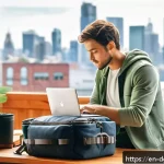 Home 19 디지털 노마드와 지속 가능한 생활 방식 - A digital nomad packing minimalist travel gear inside a modern, eco-friendly backpack in a bright, c...