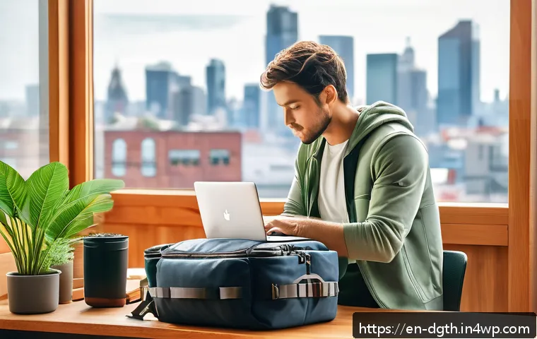 디지털 노마드와 지속 가능한 생활 방식 - A digital nomad packing minimalist travel gear inside a modern, eco-friendly backpack in a bright, c...