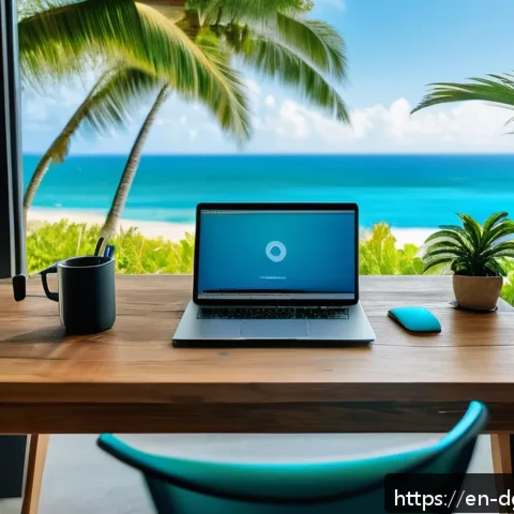 디지털 노마드라는 라이프스타일의 진화 - A vibrant remote work setup in a sunlit beachfront co-working space in Bali, featuring a modern wood...
