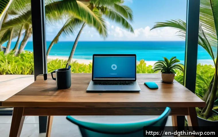 디지털 노마드라는 라이프스타일의 진화 - A vibrant remote work setup in a sunlit beachfront co-working space in Bali, featuring a modern wood...