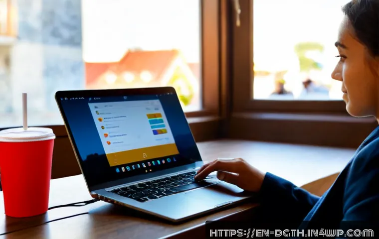 Home 17 디지털 노마드가 사용하는 협업 도구 - Photorealistic digital nomad working at a sunlit café terrace in Lisbon, focused on a laptop display...